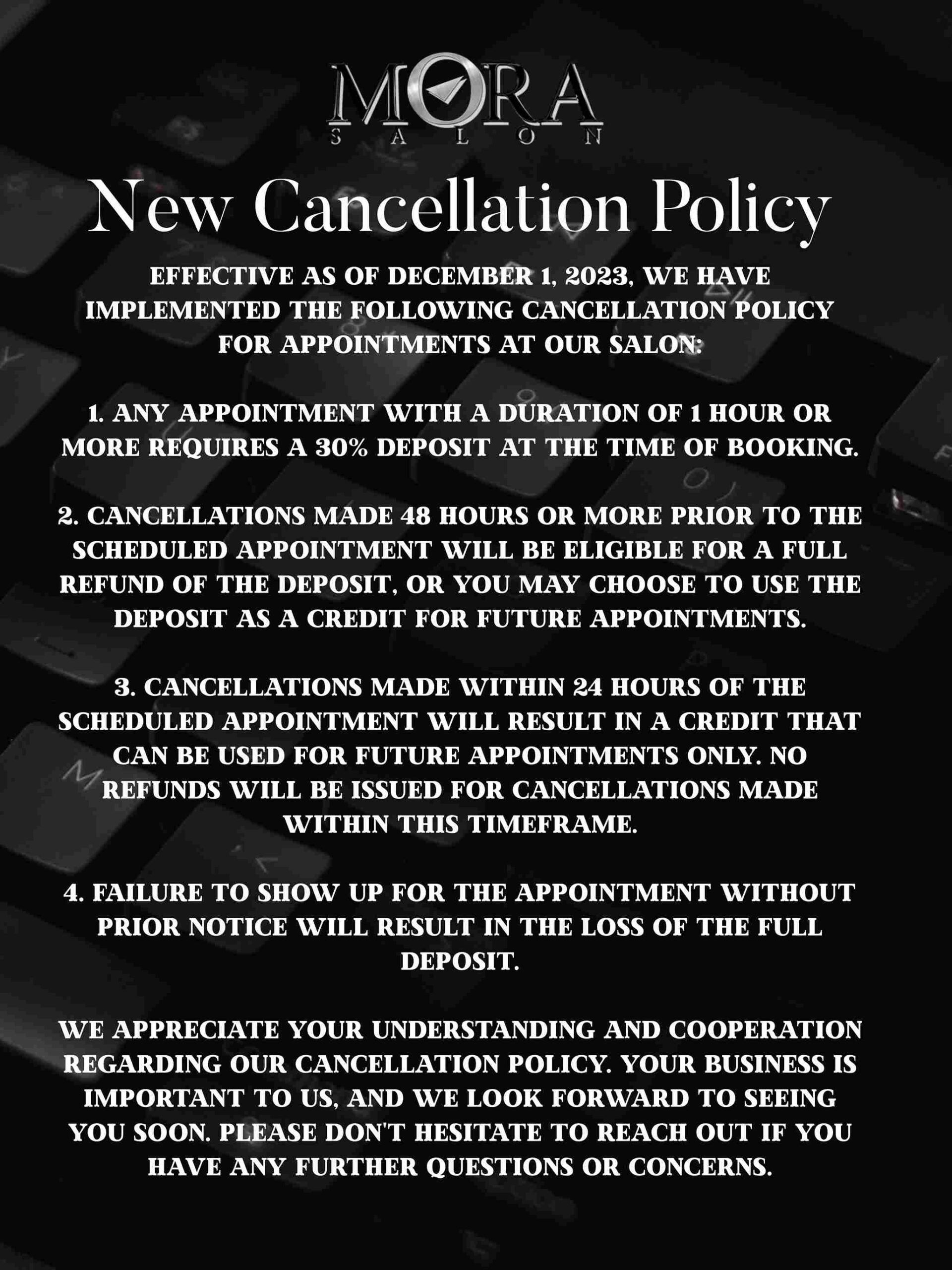 Cancellation policy in Cherry Hill, NJ | Mora Salon