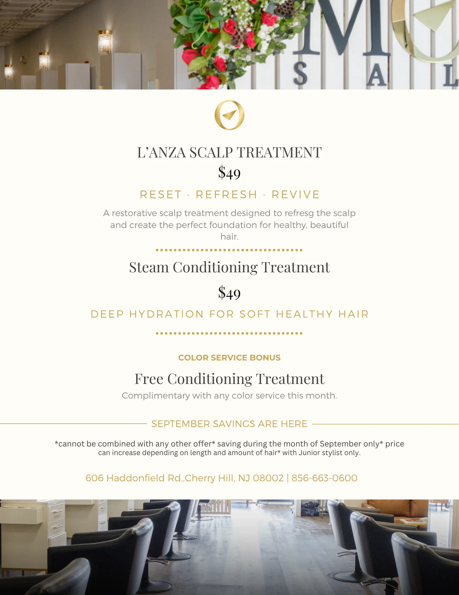 September 2026 specials popup banner featuring L'ANZA scalp treatment and promotions